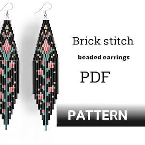 Brick stitch pattern. Beaded earrings with fringe. Floral pattern earrings DIY.  flowers pattern.