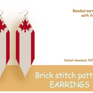 May include: Beaded earrings with a red maple leaf design and white fringe. Brick stitch pattern earrings. Instant download, PDF format.