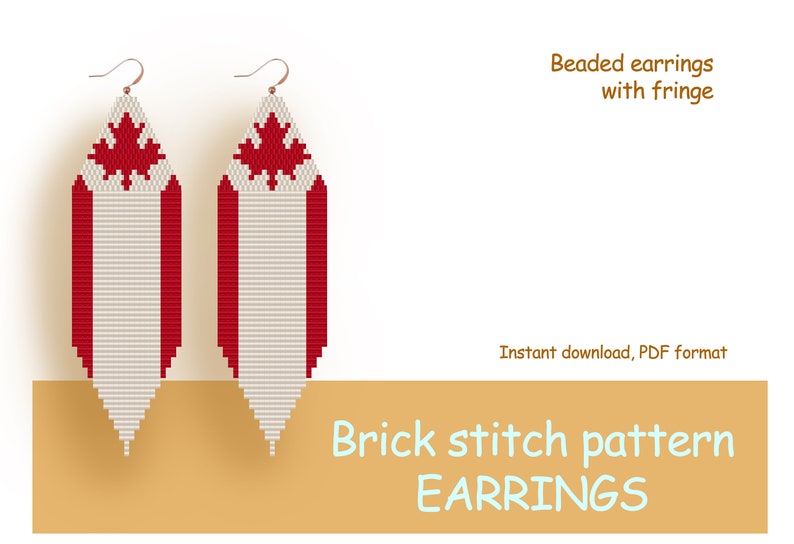 Instant download Beaded earrings PATTERN for brick stitch with fringe Canada flag