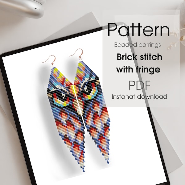 Owl bead pattern fringe earrings, bird, wings, PDF digital download, brick stitch pattern, DIY jewelry, beading