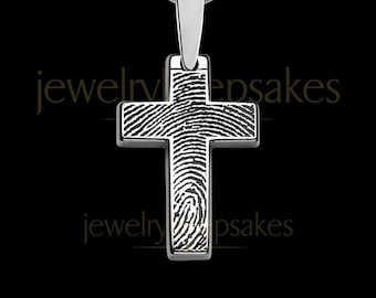 Silver Cross Fingerprint Necklace by Jewelry Keepsakes • Engraved Thumbprint Jewelry • Memorial Gift • Loss of Dad or Mom