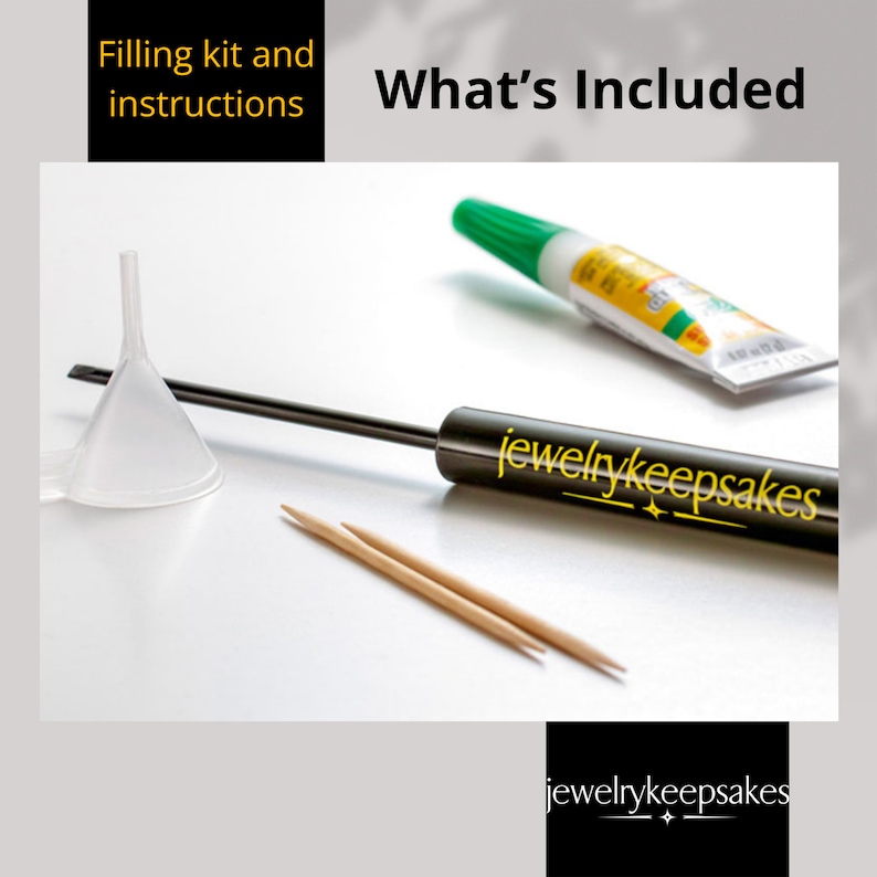 May include: A close-up of a jewelry keepsake filling kit. The kit includes a small funnel, two toothpicks, and a tube of glue. The tube of glue is labeled "jewelrykeepsakes".