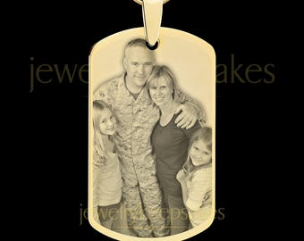 Photo Engraved Gold Plated Dog Tag Necklace by Jewelry Keepsakes • Custom Engraved Picture Pendant • Military Gift • Memorial Photo Jewelry