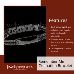 May include: Black leather cremation bracelet with a black metal plate and a screw on the side. The bracelet is adjustable and can be personalized. "Remember Me Cremation Bracelet" is written below the image.