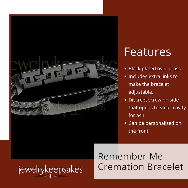 May include: Black leather cremation bracelet with a black metal plate and a screw on the side. The bracelet is adjustable and can be personalized. "Remember Me Cremation Bracelet" is written below the image.