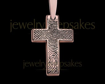 Rose Gold Cross Fingerprint Necklace with Custom Engraving