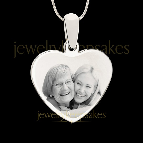 Personalized Photo Heart Necklace • Custom Engraved Picture Pendant • Stainless Steel Memorial Jewelry with Optional Back Engraving