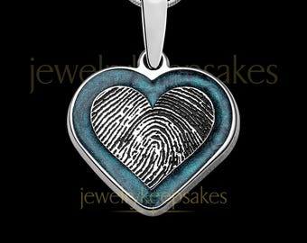Silver Blue Heart Fingerprint Necklace by Jewelry Keepsakes • Engraved Thumbprint Jewelry • Memorial Gift • Loss of Dad or Mom