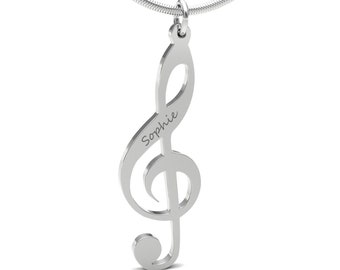 Personalized Treble Clef Music Note Silver Engraved Custom Necklace