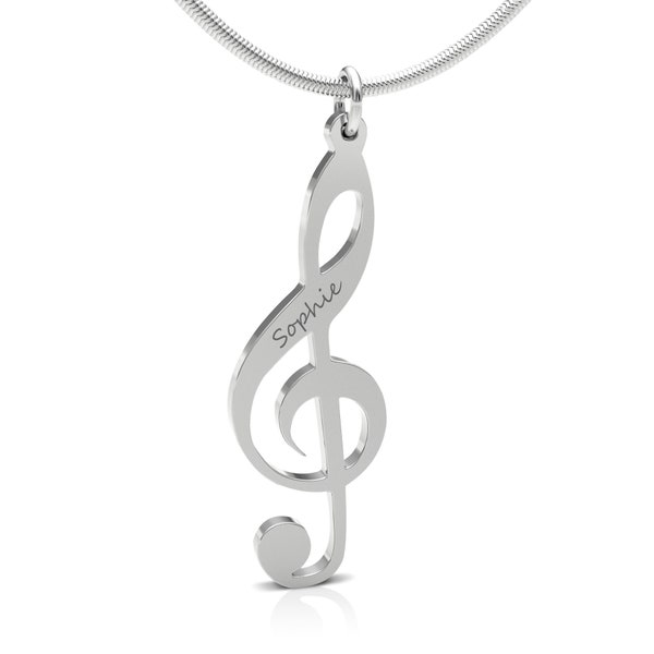 Personalized Treble Clef Music Note Silver Engraved Custom Necklace