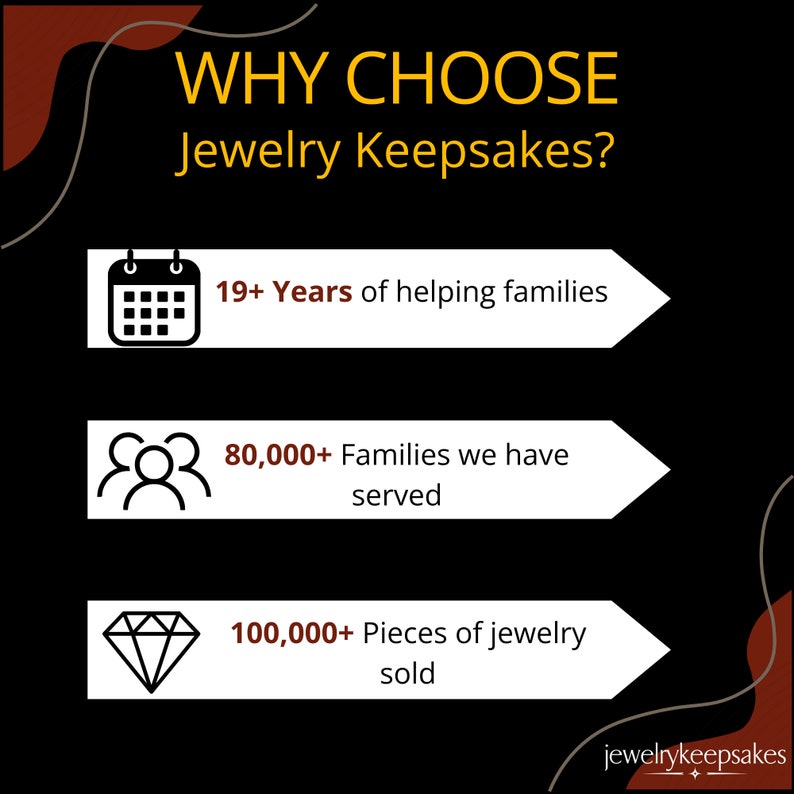 May include: A graphic with the text "WHY CHOOSE Jewelry Keepsakes?" and three icons. The first icon is a calendar with the text "19+ Years of helping families". The second icon is a group of people with the text "80,000+ Families we have served". The third icon is a diamond with the text "100,000+ Pieces of jewelry sold".