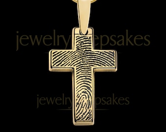 Gold-Plated Sterling Silver Cross Fingerprint Necklace with Custom Engraving