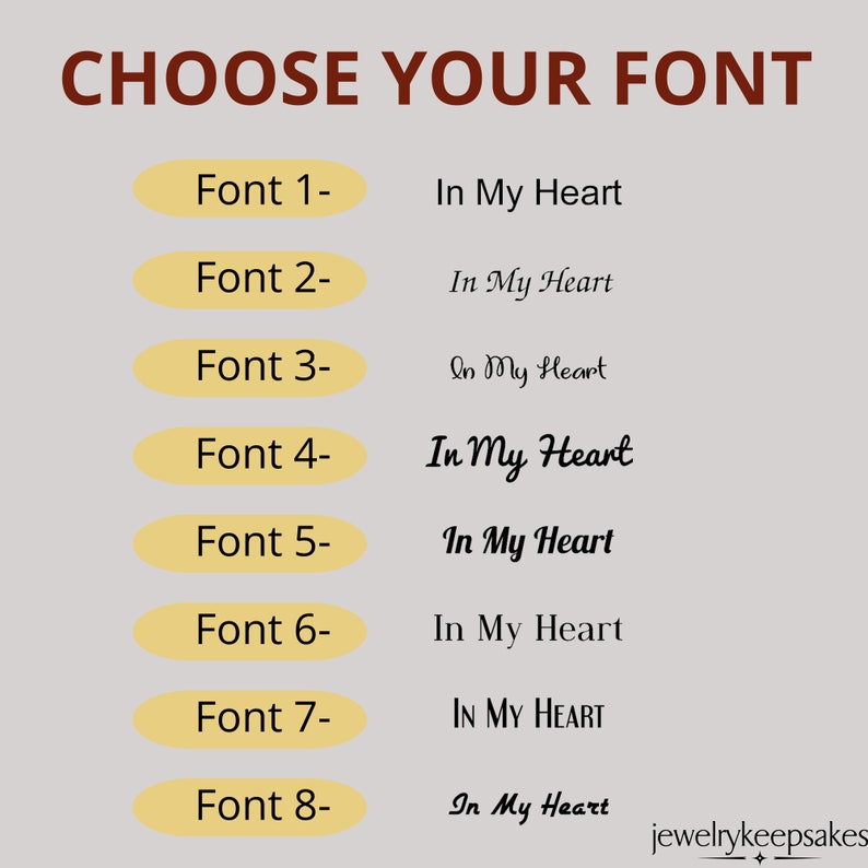 May include: A graphic showing eight different font styles for the phrase "In My Heart". The fonts are displayed in a yellow oval with the font number and a hyphen.