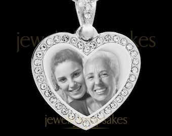 Stainless Steel Gem Heart Photo Necklace with Custom Engraving