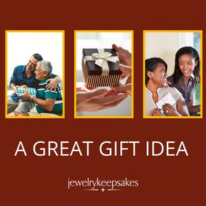 May include: Three images showing gift giving occasions. The first image shows two people embracing while holding a wrapped gift. The second image shows a hand presenting a wrapped gift box with a white ribbon. The third image shows two people smiling while one holds a card that says "To Mom". A great gift idea from jewelrykeepsakes.