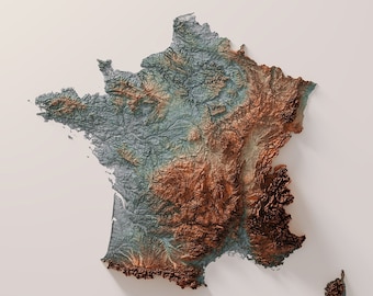 Puede incluir: Un mapa topográfico 3D de Francia con un esquema de color cobre y verde. El mapa está sobre un fondo blanco con la palabra "FRANCIA" impresa debajo del mapa.