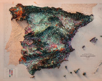 Puede incluir: Un mapa vintage de España que muestra los diferentes tipos de terreno y elevación. El mapa está impreso en papel de color crema y presenta un efecto 3D. El texto en el mapa dice "Mapa de Ctricos y Arboledos de Espana".