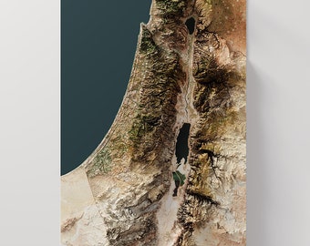 May include: A topographic map of Israel, showing the country's diverse terrain, including the Dead Sea, the Jordan River, and the Negev Desert.