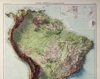 May include: A vintage map of South America, showing the northern section of the continent. The map is in a relief style, with mountains and other geographical features depicted in a three-dimensional way. The map is printed on a light blue background with brown lines for borders and rivers. The map includes a color-coded elevation key.