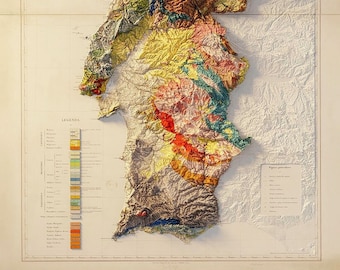 May include: A vintage geological map of Portugal, showing the country's terrain and geological formations in various colors. The map is titled "Carta Geologica de Portugal" and includes a legend with different geological formations.