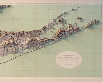 May include: A vintage topographic map of Long Island, New York, with a detailed relief depiction of the island's terrain. The map features a grid pattern and a circular title card in the bottom right corner.