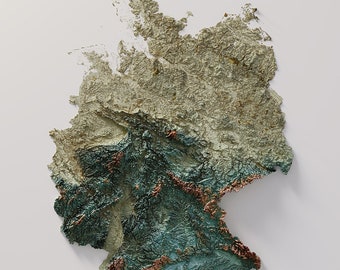 May include: A 3D topographical map of Germany, rendered in shades of green, brown, and white. The map is textured to show the different elevations of the country. The map is on a white background.