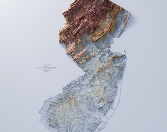 May include: A detailed 3D relief map of the state of New Jersey, showcasing its topography with varying shades of brown, gray, and blue. The map includes the text "ELEVATION MAP STATE OF NEW JERSEY".