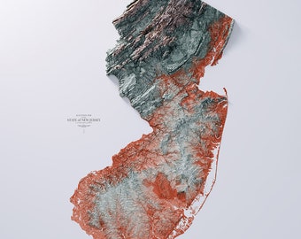 May include: An elevation map of the state of New Jersey, showing the topography of the state in shades of brown and green. The map is titled "Elevation Map, State of New Jersey".