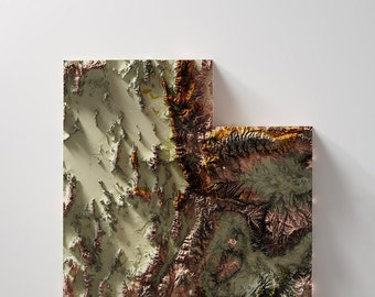 May include: An elevation map of the state of Utah, showing the terrain in shades of green, brown, and orange. The map is printed on a white background with the text "Elevation Map State of Utah" at the bottom.