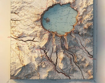 Może przedstawiać: Antyczna mapa Parku Narodowego Crater Lake w Oregonie. Mapa przedstawia jezioro, otaczające góry i szlaki. Mapa jest wydrukowana na kremowym papierze z brązowymi i niebieskimi liniami.