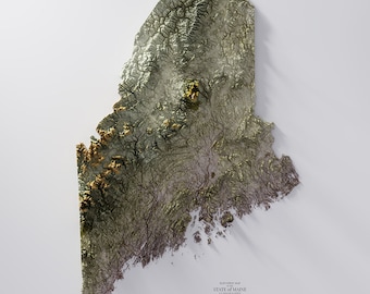 May include: An elevation map of the State of Maine, USA. The map is a 3D rendering of the state's topography, with mountains and valleys depicted in shades of green and brown.