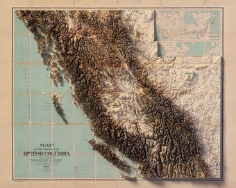 Puede incluir: Un mapa en relieve vintage de la provincia de Columbia Británica, Canadá. El mapa está impreso en papel y muestra la topografía de la región con sombreado marrón y blanco. El mapa está dividido en secciones y tiene un título en la parte inferior que dice "Mapa de la provincia de Columbia Británica. El Honorable A.G. Martin, Ministro de Tierras, Victoria, C.B. 1913."