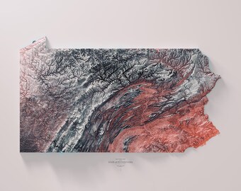 May include: A 3D relief map of the state of Pennsylvania, showing the topography of the state in shades of blue, grey, and red. The map is set against a white background.