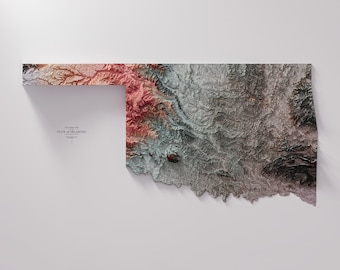 May include: A 3D topographic map of the state of Oklahoma, with a textured surface and a color gradient from red to blue. The map is mounted on a white background. The text "Elevation Map of the State of Oklahoma" is printed below the map.