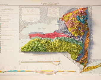 May include: A vintage map of New York State showing the geological formations and landforms. The map is divided into different colored sections, each representing a different geological period. The map also includes a cross-section of the state's geology, showing the different layers of rock and soil.