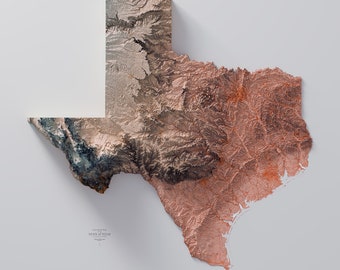 May include: A 3D topographic map of the state of Texas, showing the elevation of the land. The map is made of a textured material and is colored in shades of brown, beige, and orange. The map is tilted slightly to the right, giving it a three-dimensional effect. The text "ELEVATION MAP STATE OF TEXAS" is printed in black at the bottom of the map.