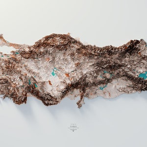 May include: A 3D topographic map of Turkey, showing the country's terrain in shades of brown and white. The map is detailed and includes the country's major rivers and lakes. The map is set against a white background.