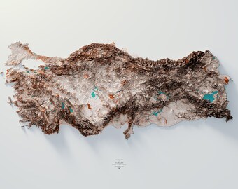 May include: A 3D topographic map of Turkey, showing the country's terrain in shades of brown and white. The map is detailed and includes the country's major rivers and lakes. The map is set against a white background.