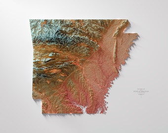 May include: A relief map of the State of Arkansas, showing the topography of the state in shades of brown, green, and blue. The map is printed on a white background.