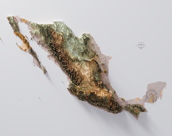 May include: A 3D paper model of Mexico, depicting the country's topography with various shades of green, brown, and beige. The model is set against a white background.
