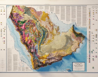 May include: A detailed geological map of the Arabian Peninsula, showing various rock formations and geological features in different colours. The map is surrounded by a detailed legend and text describing the geological history of the region.