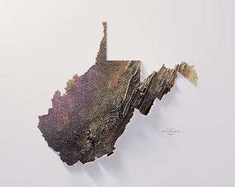 Puede incluir: Un mapa en relieve texturizado en 3D de Virginia Occidental, con una gama de colores marrón y dorado. El mapa está sobre un fondo blanco con el texto "STATE OF WEST VIRGINIA" en una fuente pequeña en la parte inferior.