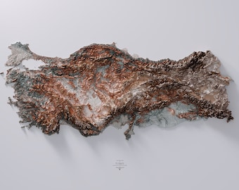 May include: A 3D topographic map of Turkey, rendered in shades of brown, beige, and green. The map shows the country's mountainous terrain and coastline.