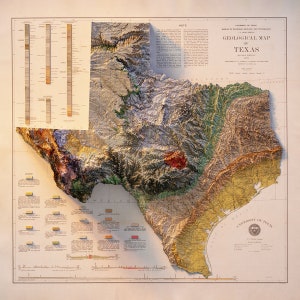 May include: A vintage geological map of Texas, showing the state's terrain in a 3D relief style. The map is labelled with "Geological Map of Texas" and "University of Texas".