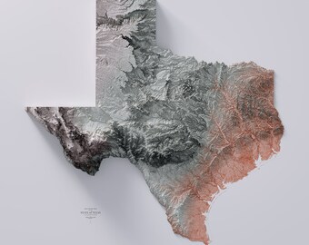 Może przedstawiać: Trójwymiarowa mapa reliefowa stanu Teksas, przedstawiająca topografię stanu. Mapa wykonana jest z jasnoszarego materiału z brązowymi akcentami, a rzeki są pokazane w ciemniejszym odcieniu brązu. Mapa nosi tytuł "Elevation of the State of Texas".
