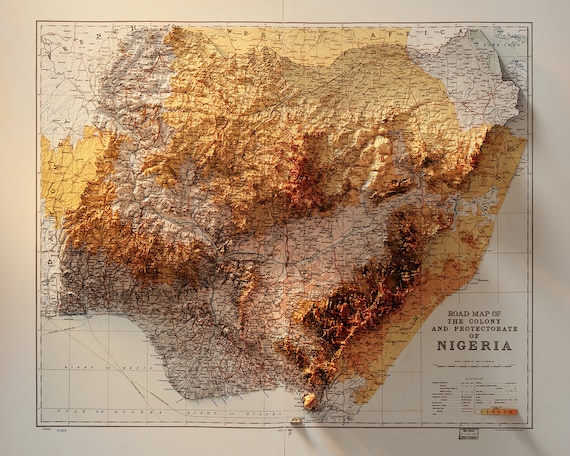 Topographic Map Of Nigeria Nigeria Topography & Roads | Etsy