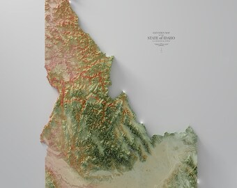 May include: A 3D relief map of the state of Idaho, showing the topography of the state. The map is colored in shades of green, brown, and yellow, with the highest elevations shown in brown and the lowest elevations shown in green.