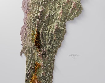 Könnte beinhalten: Eine 3D-Reliefkarte des Bundesstaates Vermont, die die Topographie des Staates in verschiedenen Grüntönen, Braun- und Gelbtönen zeigt. Die Karte trägt den Titel "Elevation Map of the State of Vermont".