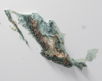 May include: A 3D topographic map of Mexico, rendered in shades of green, brown, and beige. The map is raised from the white background, creating a textured effect.