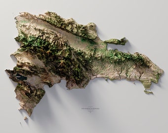 May include: A 3D topographic map of the Dominican Republic, depicting the island's mountainous terrain and coastal areas. The map is rendered in shades of green, brown, and beige, with a white background.